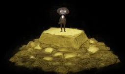 a small woman on top of a pile of gold. She is wearing a suit 