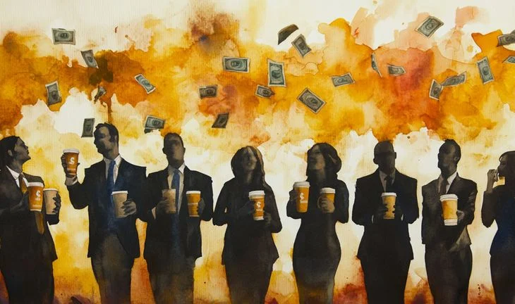 some bankers drinking coffee while money falls from a golden burning sky